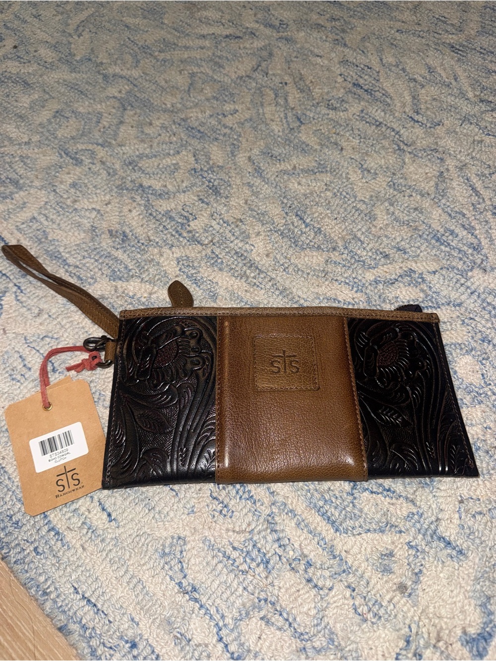 STS Ranchwear Brown and Black Tooled Leather Wristlet Clutch